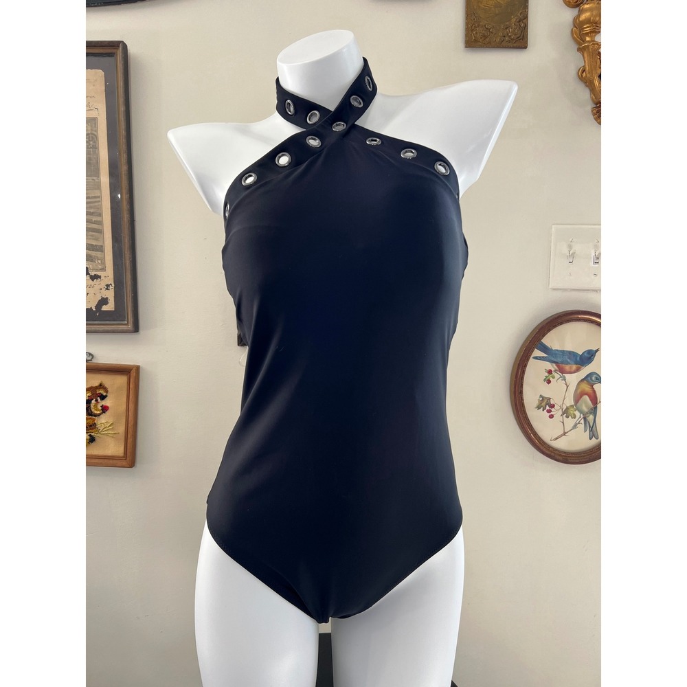 L'Agence Black Halter One-Piece Swimsuit Metal Grommet Detail Size M